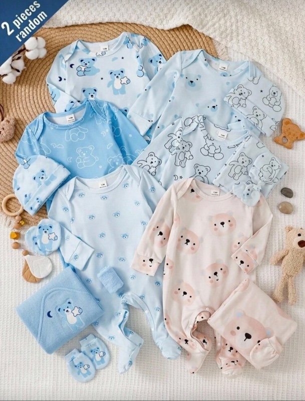 [2 pièces Sélection Aléatoire] Nouveau-né Tricot Confortable Doux Mignon Ours Imprimé Motif Tout-en-un Pantalon Long, Le Meilleur Cadeau pour les Nouveau-nés