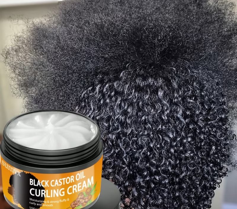 Crème pour boucles à l'huile de ricin noire (100 g) enrichie en huile d'argan – Anti-frisottis longue durée, maintient l'hydratation et l'élasticité des boucles ; convient aux cheveux secs et bouclés, unisexe.