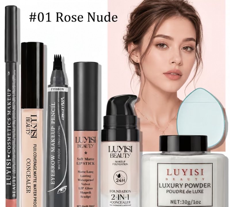 Kit de maquillage 7 pièces comprenant crayon à lèvres, correcteur, stylo 2-en-1 sourcils et eye-liner, brillant à lèvres, fond de teint, poudre libre et éponge de maquillage ; offre une couvrance uniforme et facile à estomper pour le visage, les yeux,levr