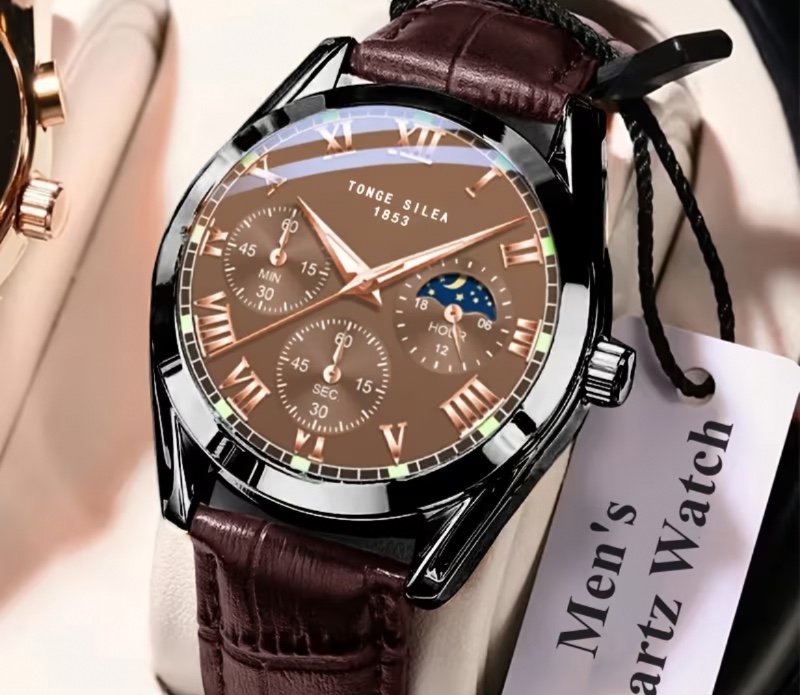 Montre de luxe avec bracelet en similicuir couleur café, cadran luminescent et chiffres romains – Modèle mixte (hommes et femmes), grande montre-bracelet analogique à quartz, étanche (adaptée à la natation), idéale pour le quotidien