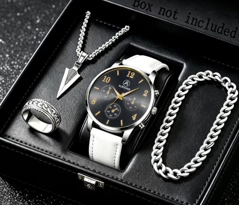 Cet ensemble de quatre pièces pour homme comprend une montre multifonction à bracelet blanc qui s'associe parfaitement à des accessoires complémentaires, aussi bien pour le travail que pour les loisirs ; c'est également un cadeau attentionné et pratique
