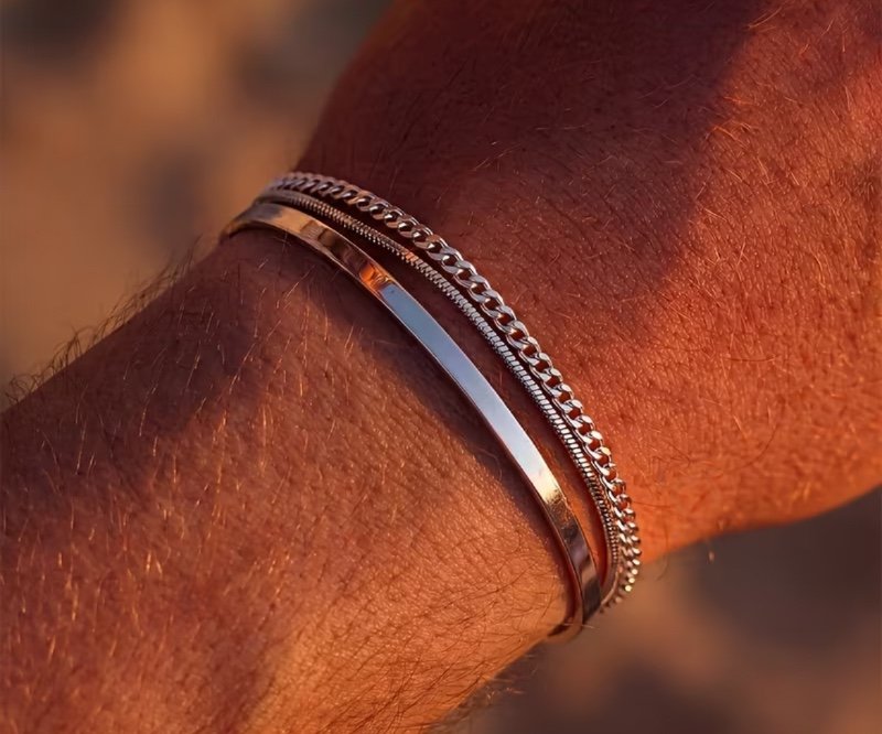 Ensemble de 3 bracelets minimalistes pour homme en acier inoxydable : chaîne serpent argentée et bracelet rigide réglable à maillons cubains – Parure de bijoux et accessoires de mode pour homme