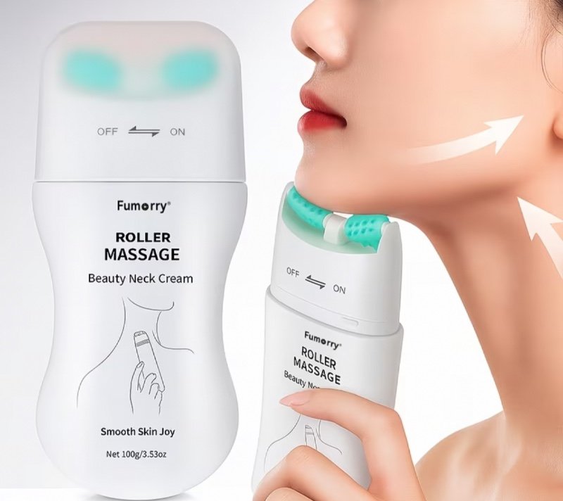 Rouleau de massage raffermissant pour le cou avec lotion à l'acide hyaluronique – Sans alcool, au squalane d'origine végétale, au beurre de karité et à l'hamamélis, pour tous types de peau – Crème de massage hydratante, raffermissante et liftante