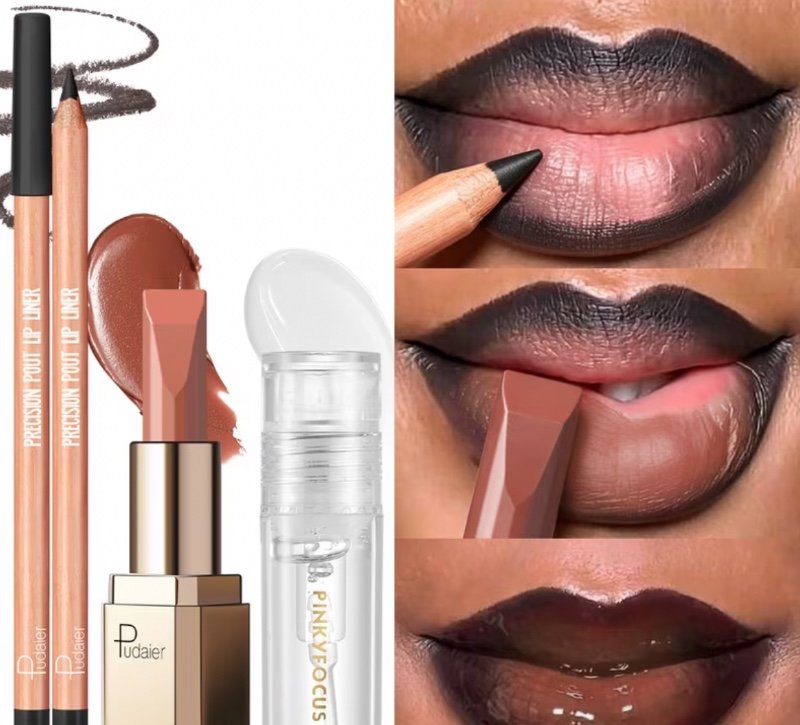 Coffret de 3 pièces comprenant un crayon à lèvres mat au fini velouté, un rouge à lèvres mat et une huile pour les lèvres ; cet ensemble crée un effet brillant, résiste à l'eau et à la transpiration
