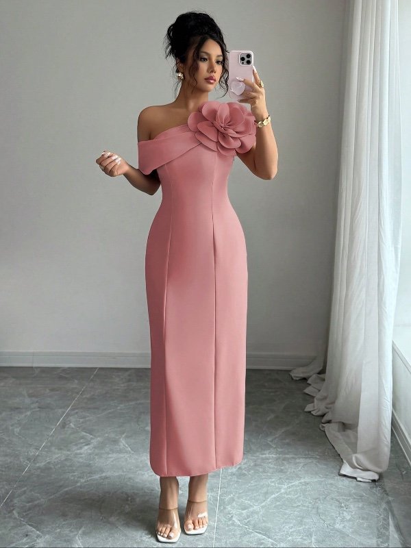 Robe de soirée élégante pour femme Modelyn, style français, avec épaule asymétrique et motif floral.