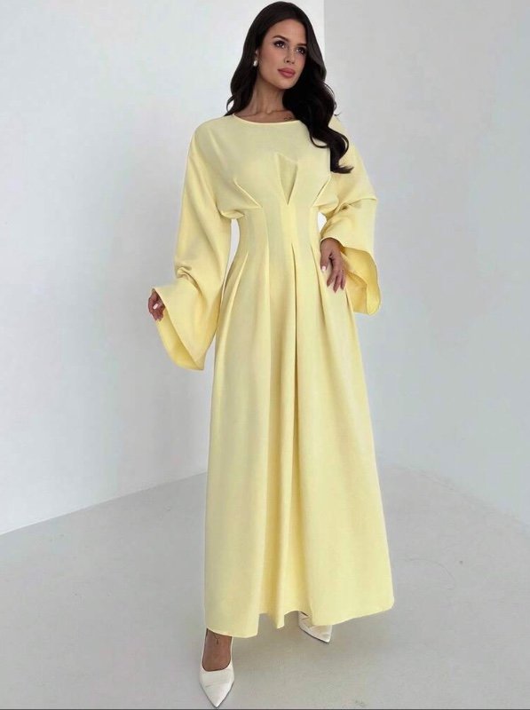 Firerie Women's Elegant Pale Yellow Maxi Dress,Summer Modesty Holiday Wedding Bridal Al-Adha Waist Ruched Flare Long Sleeve Sophisticated Daily Clothes