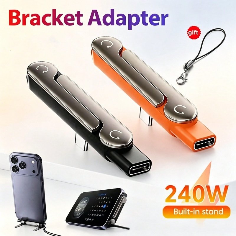 Adaptateur de charge USB-C pliable 2-en-1 avec support intégré, connecteur de charge rapide 240 W compatible avec tous les appareils USB-C, adapté aux iPhone 17/16/15 et Galaxy S26/S25/S24/S23/S22/S21/S20
