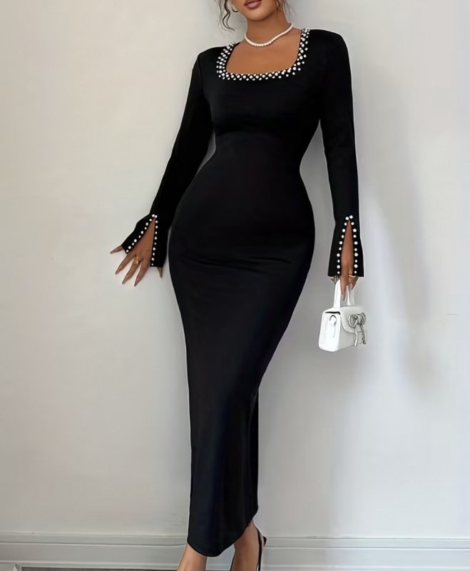 Robe midi noire tendance pour femme (printemps/automne) à manches longues et encolure carrée, ornée de perles ; un modèle idéal pour les sorties quotidiennes, les rendez-vous, les dîners et bien plus encore.