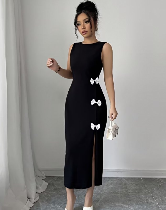 Robe midi élégante sans manches pour femme avec nœud décoratif – Mélange extensible polyester-élasthanne, coupe ajustée très extensible, fente latérale et col rond pour le printemps/été, robe noire lavable en machine adaptée aux occasions décontractées