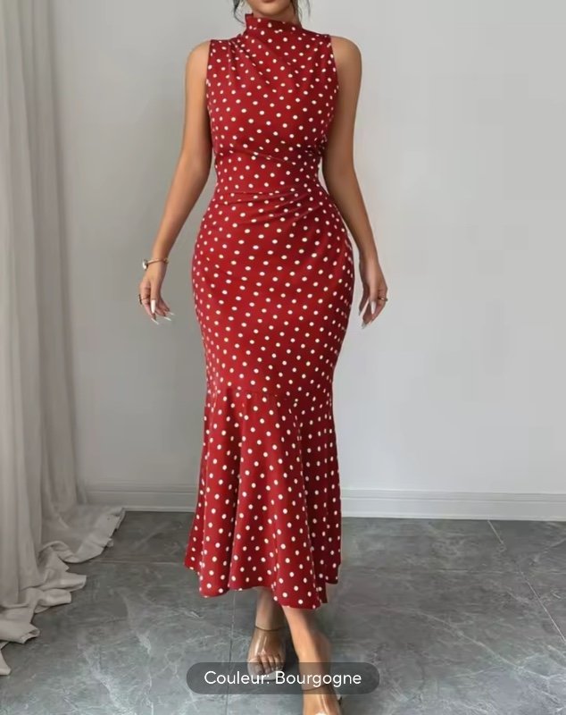 Robe sirène ajustée à pois rouges et blancs élégante pour femme, nouvelle tenue élégante pour femme pour les vacances d'été