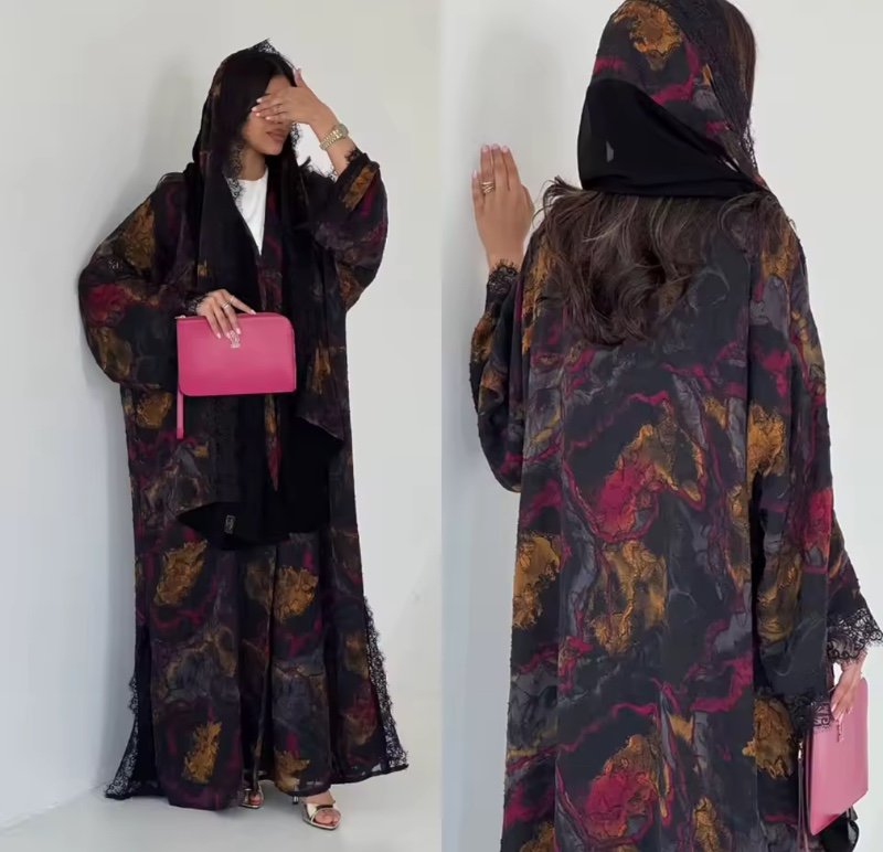Ensemble Abaya Hijab pour femmes, robes imprimées, cardigan en dentelle musulmane, robe Khimar, ensemble 2 pièces, Jalabiya, Ramadan, Kaftan marocain, Vestidos