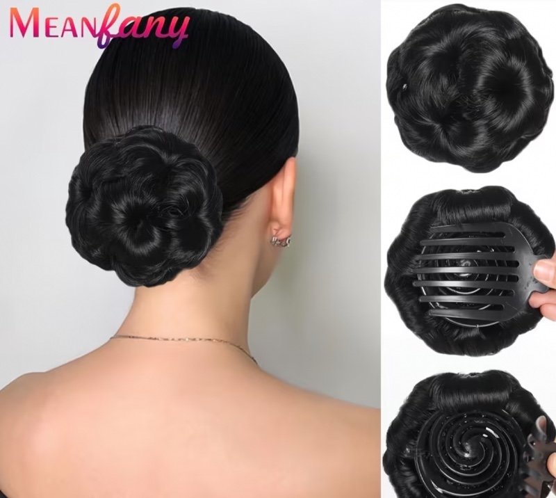Extension de chignon à pince (système « griffe ») pour femme – Noir/Marron – Postiche pour cheveux bouclés – Accessoire de coiffure tendance