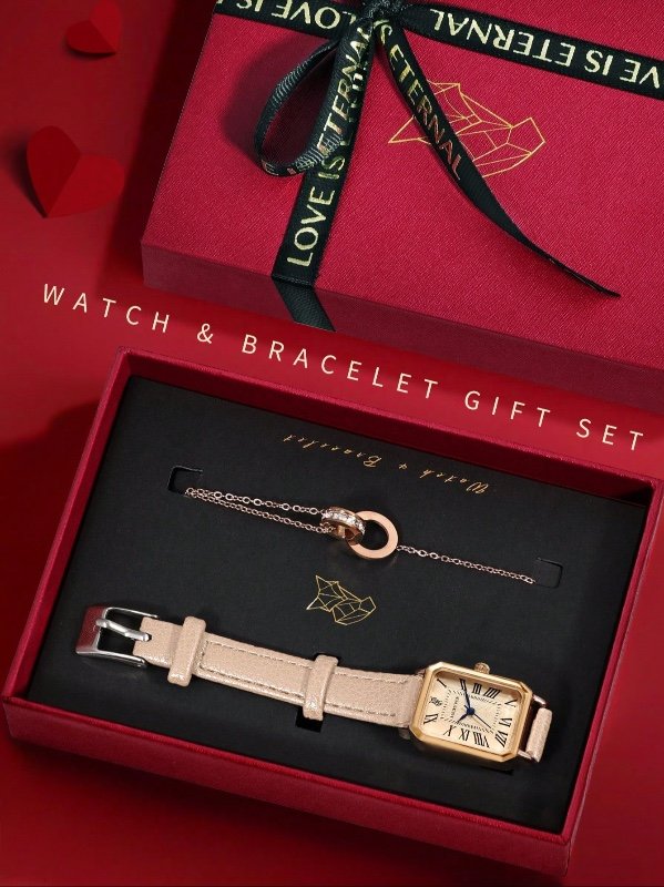 Ensemble LUCKYFOX : petite montre à quartz carrée vintage en similicuir et bracelet