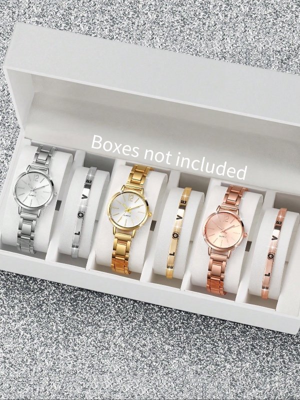 Ensemble de 6 pièces pour femme : montre à quartz élégante, compacte et minimaliste avec cadran à chiffres + bracelet « Love » (boîte non incluse)