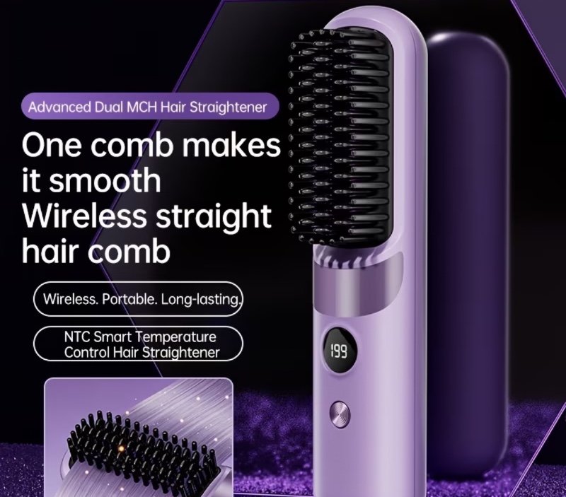 Brosse lissante et bouclante sans fil, combinant les fonctions de lissage et de bouclage pour une coiffure rapide et pratique. Convient à tous les types de cheveux. Équipée d'un écran numérique LED, d'une conception résistante à la chaleur, rechargeable
