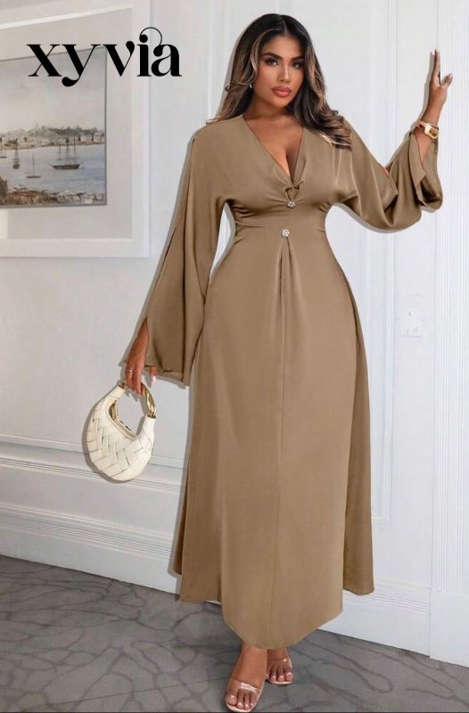 Xyvia Women's Solid Color Minimalist V-Neck Long Sleeve Dress, Casual Everyday Wear