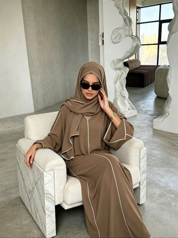 Robe décontractée et confortable pour femme (abaya) avec un élégant liseré blanc contrastant, coupe ample.