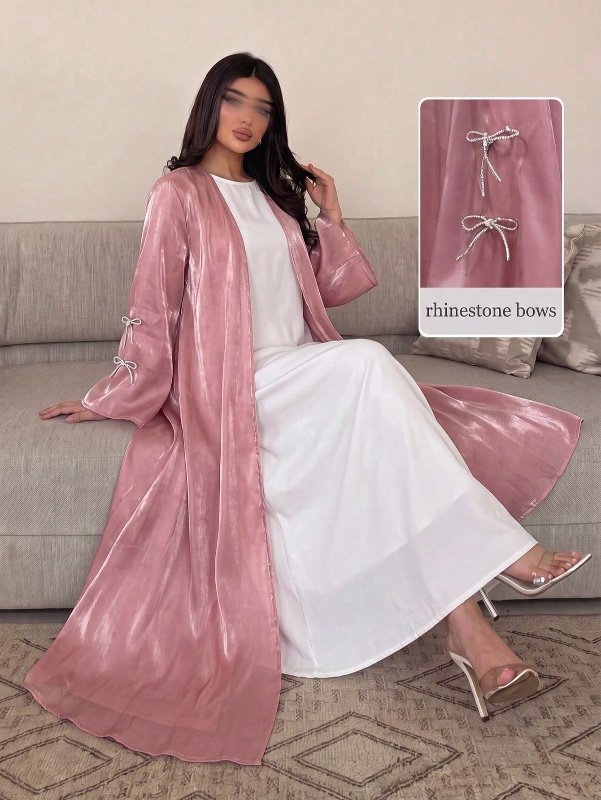 Abaya évasée Yasmyna pour femme, manches longues, en tissu brillant élégant avec nœud orné de strass