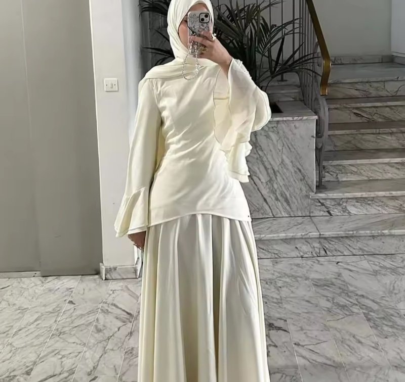 Ensemble jupe et chemisier pour femme, tenue modeste musulmane 2 pièces, manches évasées, style Dubaï