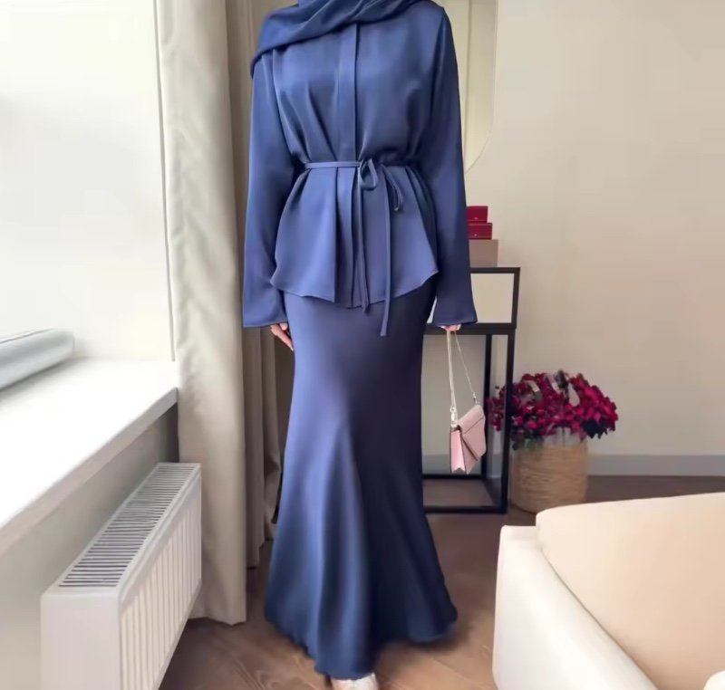 Ensemble jupe et chemise pour femme, tenue de l'Aïd, jupe longue, ensemble 2 pièces, Maroc, Dubaï, chemise ample modeste, ensemble à lacets, tenue musulmane