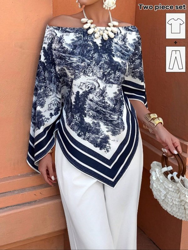 Ensemble pour femme Selianne : haut à épaules imprimées et ourlet asymétrique avec pantalon décontracté uni – Tenue de vacances, vêtements tendance à motifs