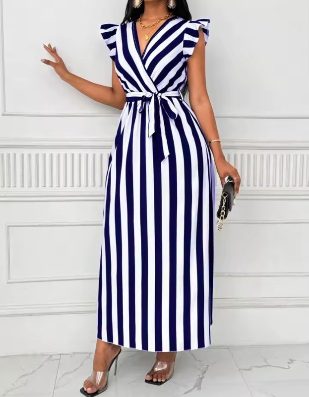 Robe à manches bouffantes rayée pour femmes, robe décontractée vintage à manches longues, robe maxi