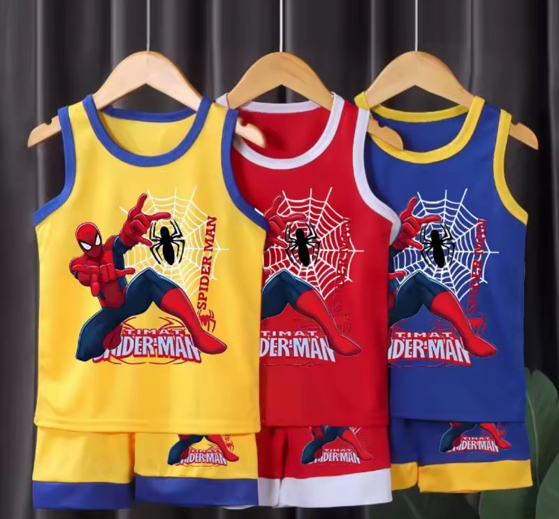 Ensemble de vêtements de basketball respirant et confortable en maille pour garçons, collection été 2026 – Tenue décontractée pour enfants, gilet de vacances en plein air avec imprimé dessin animé