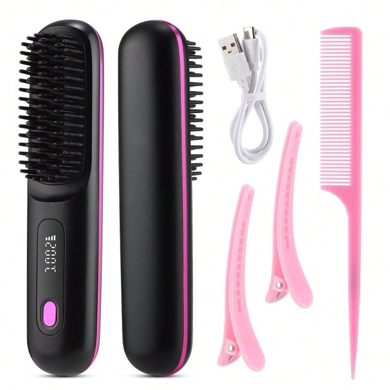 Brosse lissante sans fil Hailicare rechargeable par USB (2000 mAh) – Conception anti-brûlure, format voyage portable avec écran LED, 3 réglages de température, brosse électrique chauffante rapide pour femmes
