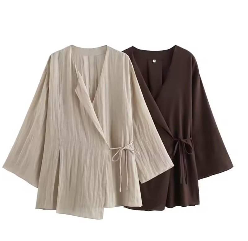 Kimono en lin croisé à manches longues pour femmes, col en V à lacets, chemise d'été décontractée, élégant