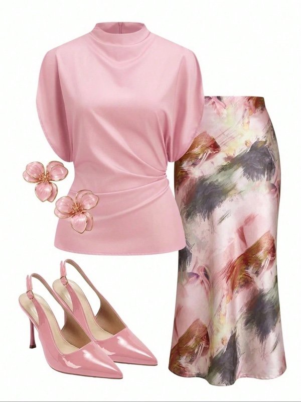 Ensemble élégant 2 pièces  Clasi pour femme : chemisier plissé uni à col montant et manches courtes chauve-souris + jupe sirène tie-dye
