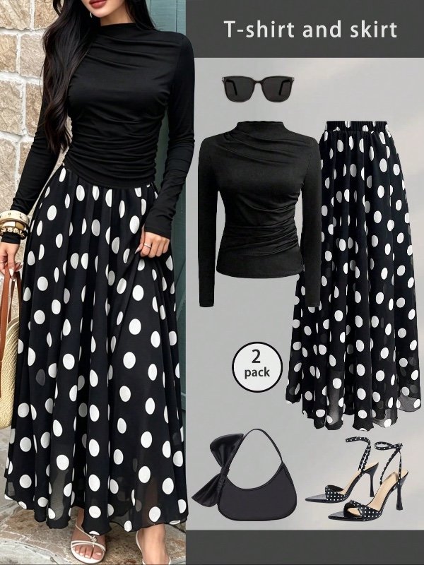 Ensemble élégant pour femme (vacances/rendez-vous) : t-shirt à motif floral et jupe en mousseline, jupe longue évasée avec doublure, t-shirt à manches longues et col montant, ensemble décontracté deux pièces pour le printemps.