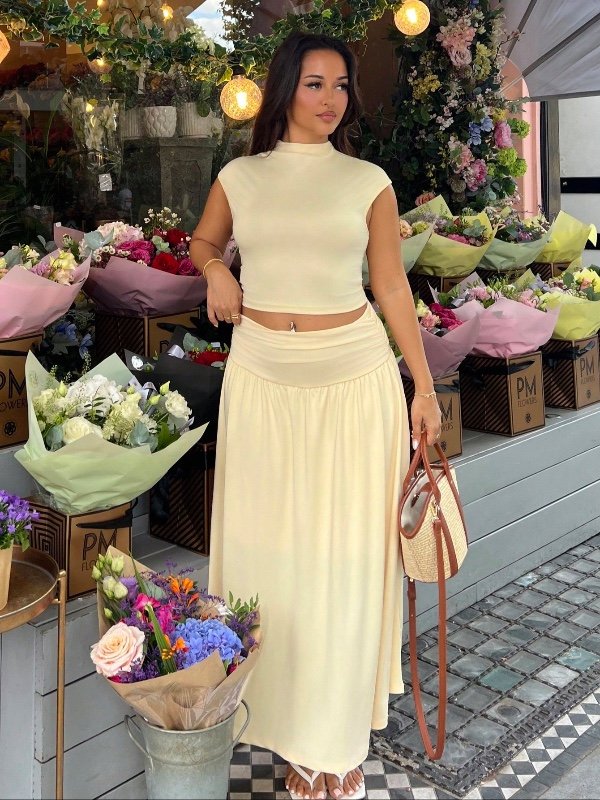 Ensemble deux pièces NegzBox pour femme (jaune beurre) – idéal pour le quotidien, les vacances, la plage ou un brunch. Style bohème, élégant et décontracté (tendance Fairycore).