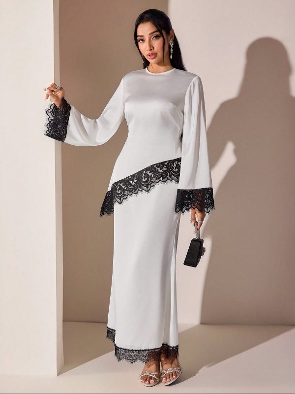 Ensemble deux pièces Veilorie pour femme (printemps/automne) : haut et jupe de style arabe, élégants, avec finitions en dentelle contrastante, manches évasées et ourlet asymétrique.