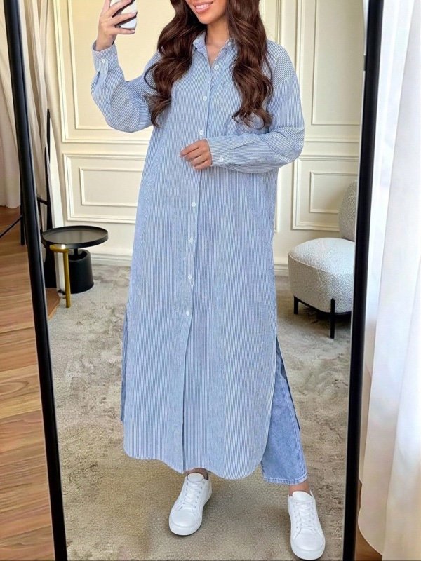 Chemise longue et pudique pour femme, à rayures, manches longues, boutonnage simple et poches