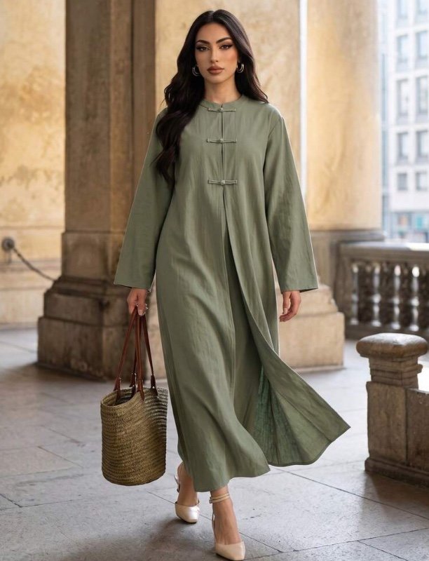 Ensemble deux pièces Elenzga pour femme (Printemps/Été) : haut à manches longues et jupe de couleur unie en mélange de coton, style chinois avec fermeture à un bouton ; idéal pour les sorties, le shopping et les réunions.