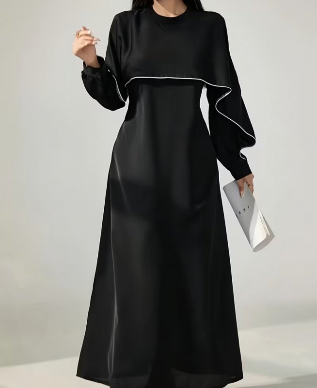 Robe longue pour femme style vintage, couleur unie, col rond, effet 2-en-1 et empiècements
