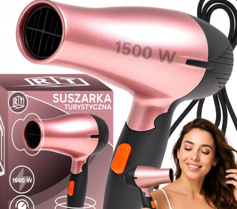 Sèche-cheveux de voyage compact et pliable, puissance de 1500 W, 2 vitesses, poignée pliable pour un rangement facile, débit d'air réglable, alimentation 110–240 V, léger et portable (voyage, camping, déplacements)