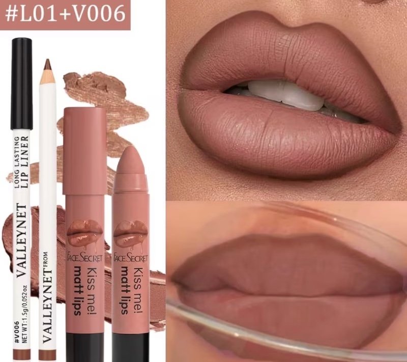 Lot de 2 produits pour les lèvres longue tenue – Inclut un crayon à lèvres crémeux et un rouge à lèvres au fini velouté – Offre un rendu naturel et sans bavures.