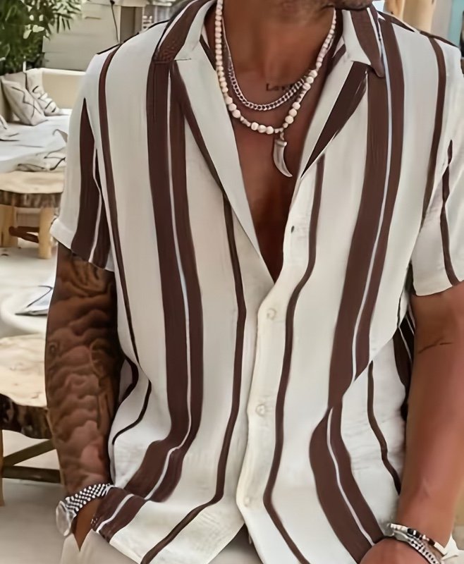 Chemise d'été pour homme à manches courtes, boutonnée, à rayures verticales et motif color-block