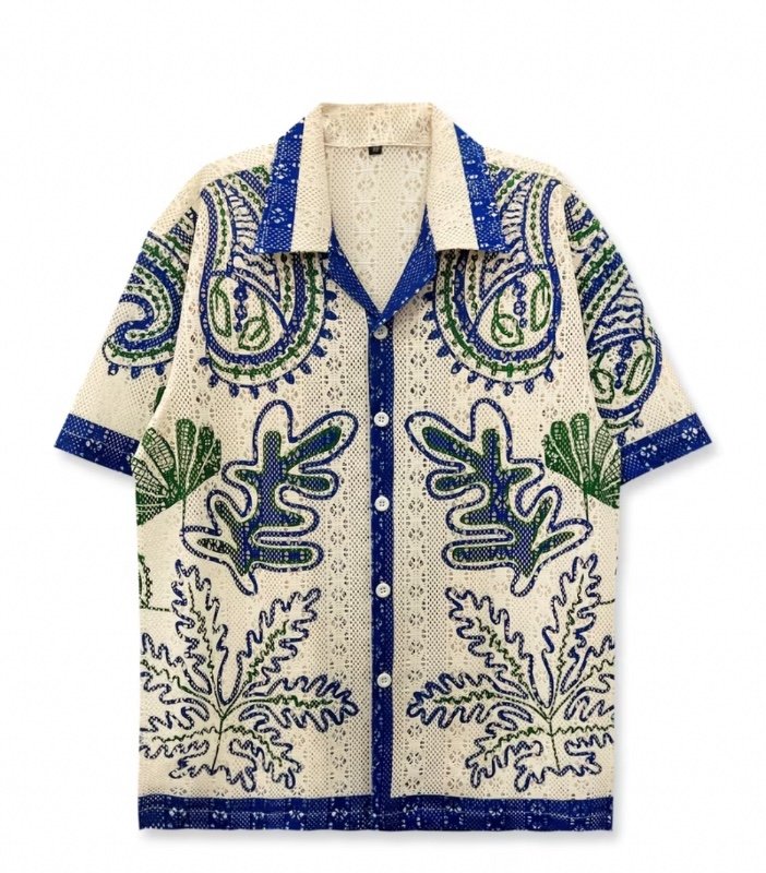 Chemise à motifs, unisexe, haut beige, motif géométrique, style bohème, style hawaïen, chemise pour couple, détails ajourés, tenue décontractée, style jeune, chemise de vacances, cadeau de Saint-Valentin, manches courtes, mode hawaïenne