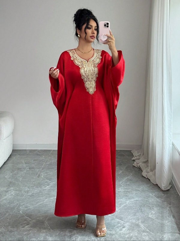 Rafferiza – Robe de soirée élégante pour femme, style caftan, avec manches chauve-souris et finitions en dentelle ; robe arabe de luxe, style Abaya de Dubaï.
