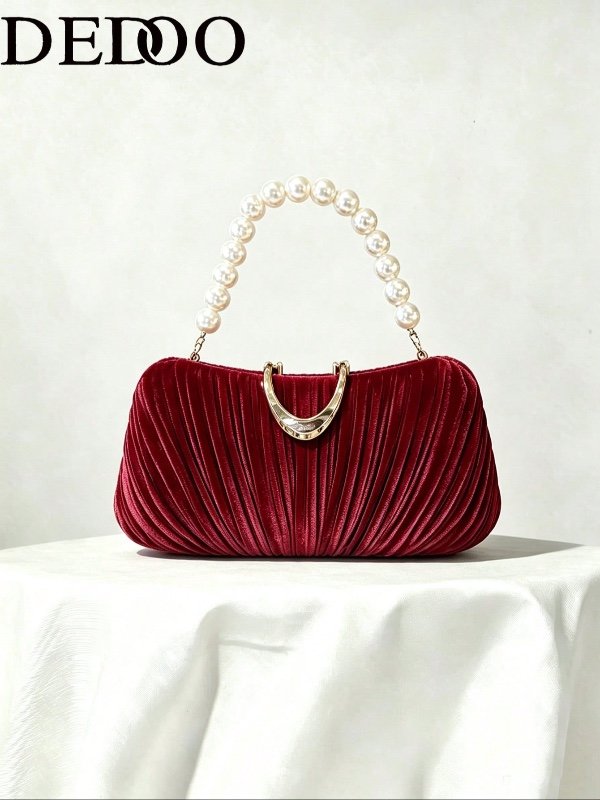 Pochette de soirée pour femme, sac rigide plissé, anse supérieure amovible ornée de perles, style mariage élégant et romantique, idéal pour les banquets et les cocktails.