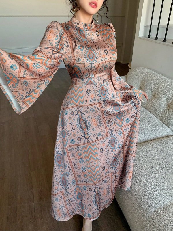 Robe élégante DAZY pour femme à motif floral, col montant, manches bouffantes et taille nouée – Orange et bleu – Idéale pour l'automne, les dîners, les mariages, Pâques ou un look bohème.