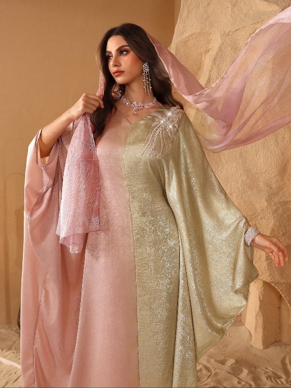Robe Abaya Al Najma style Moyen-Orient – ​​Élégante coupe chauve-souris, jacquard patchwork (Dubaï/Turquie), coupe amincissante