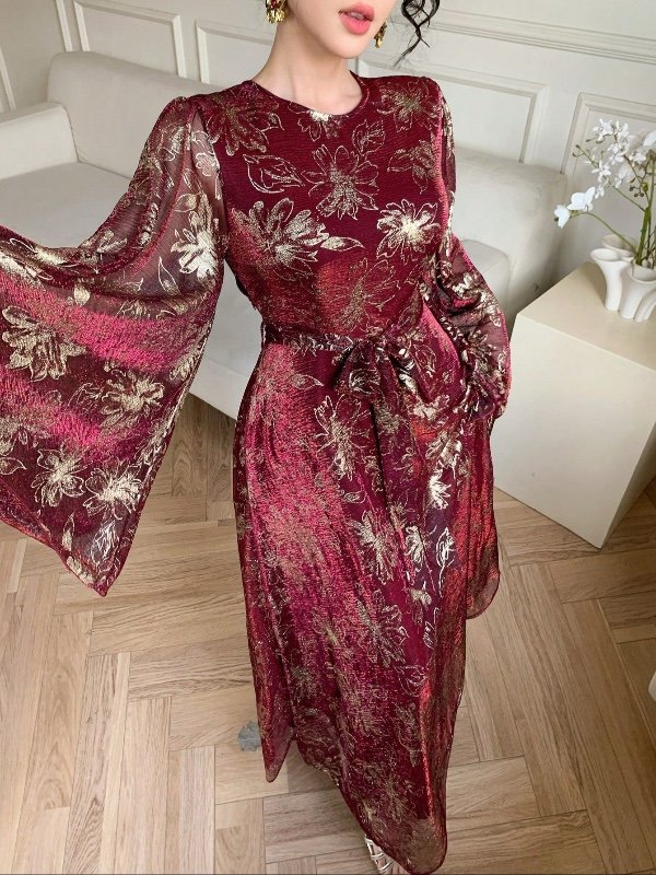 Robe mi-longue élégante DAZY pour femme : imprimé floral, col rond, manches évasées et ceinture (Printemps/Été) – Idéale pour les invitées de mariage ou comme robe d'été.