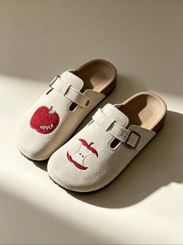 Chaussures plates pour femmes, mules décontractées, chaussures blanches à bout fermé, motif pomme, chaussures réglables, sabots d'été, mules à semelle épaisse tendance, chaussures à boucle ronde, sandales blanches, mules, mocassins, chaussures confortable