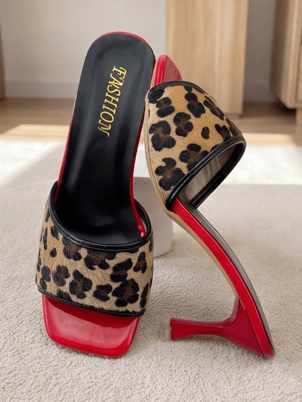 1 paire de sandales pour femme en cuir de vachette à motif léopard et bride unique, avec talon haut fin rouge et bout carré ouvert ; semelle fine antidérapante