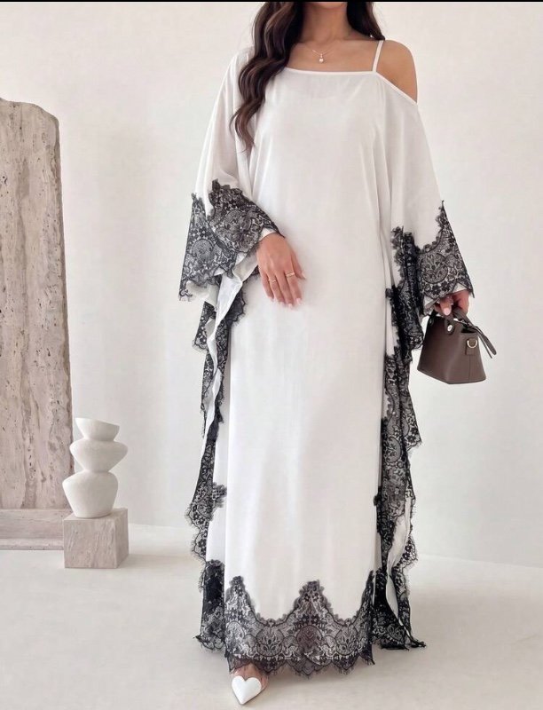 Yasmyna – Longue tunique traditionnelle turque et arabe pour femme, cintrée à la taille, en patchwork de dentelle et à manche asymétrique sexy.