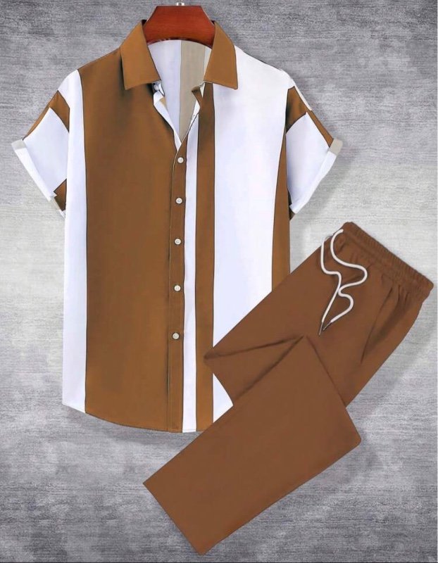 Manfinity Homme Men's Summer Color Blocking Short Sleeve Single-Breasted Shirt And Drawstring Waist Pants Casual Suit (Asymmetrical Cutting)