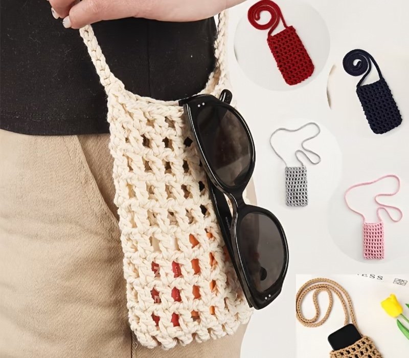 Sac bandoulière pour téléphone au crochet, mini pochette tricotée avec bandoulière, étui de téléphone tissé style bohème pour femme, sacoche d'épaule légère pour le voyage